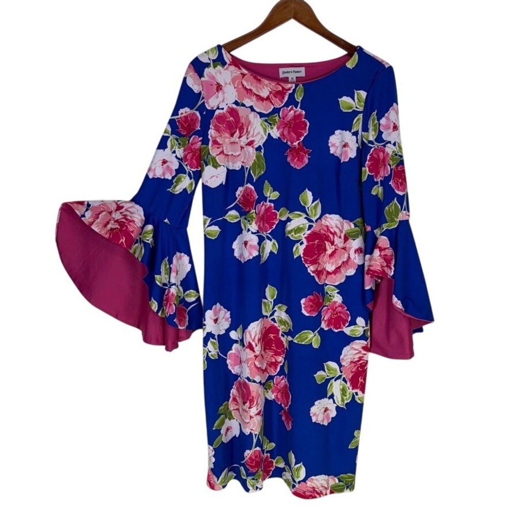 Shelby & Palmer Blue Pink Floral Bell Sleeve Sheath Dress Size 14 Floralcore Mod